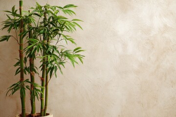 Beige wall with potted bamboo plants