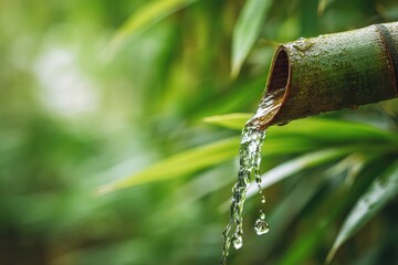 Water flowing from a bamboo tube in a lush green garden