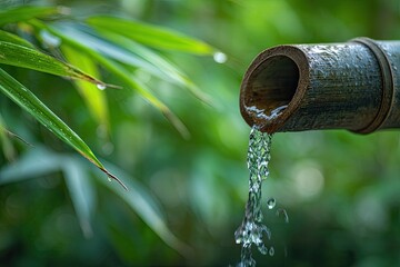 Water flowing from a bamboo tube amidst lush greenery (1)