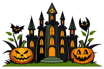 A mysterious haunted library illustration featuring enchanted books flying like bats in the moonlit night. Perfect for Halloween backgrounds, spooky party invitations, eerie posters, gothic fantasy ar