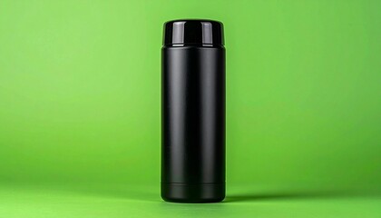 A stainless steel flask and a plastic spray bottle, both black and white, are isolated objects