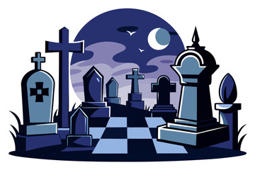 Obraz premium A mysterious haunted library illustration featuring enchanted books flying like bats in the moonlit night. Perfect for Halloween backgrounds, spooky party invitations, eerie posters, gothic fantasy ar