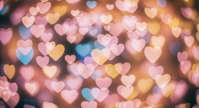 Soft focus heart shapes in pink yellow and blue bokeh background hearts love