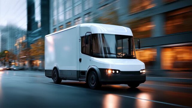 Medium shot of an electric delivery truck gliding through an urban street sharp focus on the vehicle with blurred city background highlighting ecofriendly shipping.