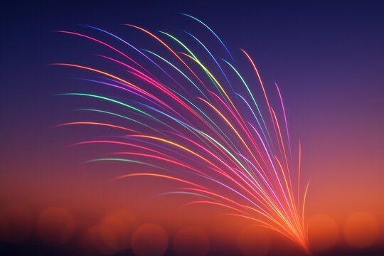 Long exposure fireworks trails forming radiant arcs over a soft twilight gradient with creamy bokeh and generous text space for festive announcements and event marketing