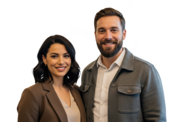 Smiling man and woman couple standing together professionally isolated on transparent background