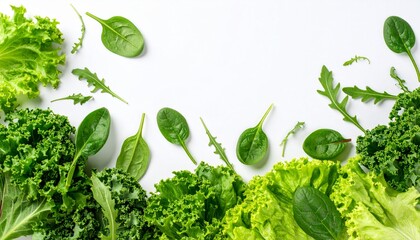 Overhead flat lay of fresh green leafy vegetables like kale, spinach, and lettuce forming a natural border on a clean white background