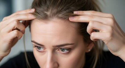 Fototapeta premium Woman checking her hair roots and scalp for loss problem. Concern about hair thinning and dandruff. Hair care concept.