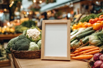 Blank sign in a bustling farmers market