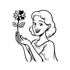 Black and white vector illustration of a beautiful woman holding a flower, minimal clean line art style