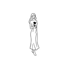 Black and white vector illustration of a beautiful woman holding a flower, minimal clean line art style