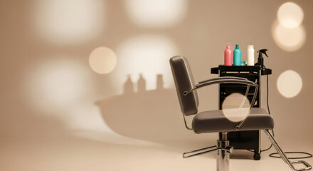 Hairdressing salon chair with care products with soft lighting. Professional beauty parlor for hair treatment.