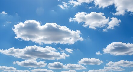 Fototapeta premium Beautiful white fluffy clouds on bright blue sky background, peaceful weather nature scene, scenic cloudscape, clear sunny day atmosphere, tranquil sky wallpaper perfect for summer outdoor concept