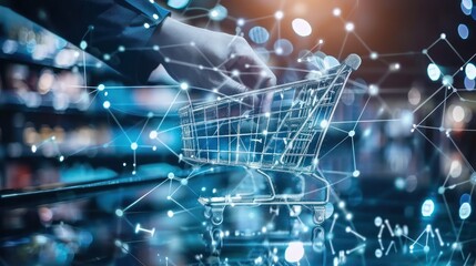 Shopping cart with digital network concept for online commerce