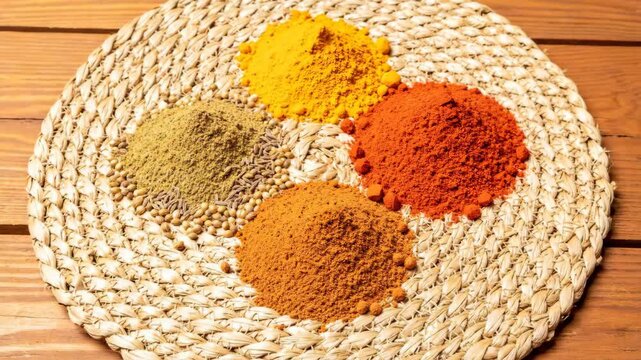 Aromatic indian masala spice collection artfully arranged on traditional woven mat essential for authentic culinary creations and rich flavors