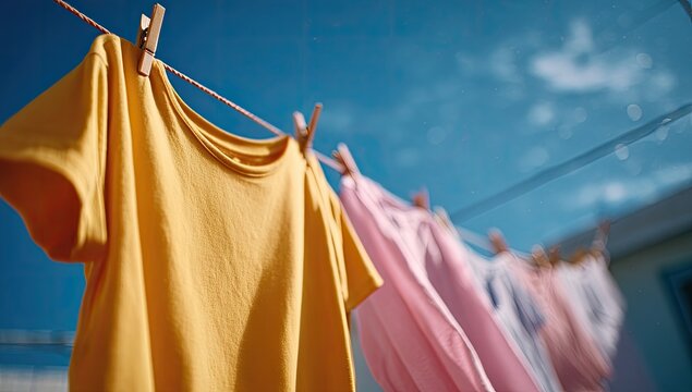 Clothes drying on a clothesline under a sunny sky