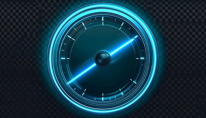 Futuristic Neon Blue Speedometer Gauge Illuminated Against Dark Checkerboard Background High Performance Concept