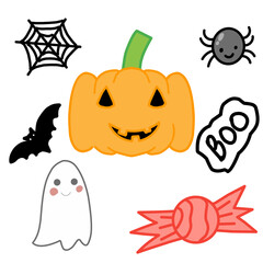 Cute Halloween Illustration Set with Pumpkin, Ghost, Bat, Spider, Candy and Web – Fun Spooky Clipart for Party Invitations, Stickers, and Holiday Digital Design