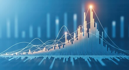 Blue digital bar chart and line graph with glowing peak financial data stock market