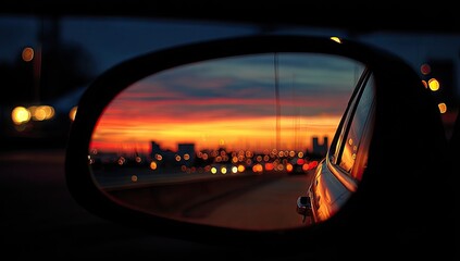A car's rearview mirror reflecting a vibrant sunset over a city at night