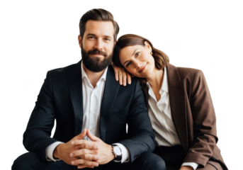 Happy couple in formal attire posing together isolated on transparent background