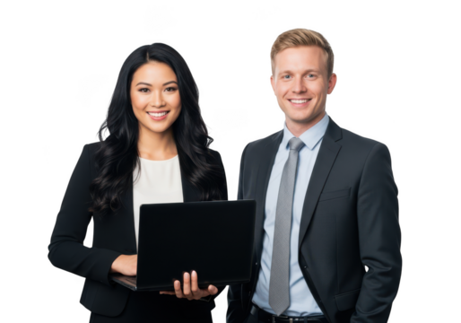 Smiling business professionals a man and a woman holding a laptop isolated on transparent background
