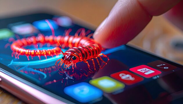 Digital Malware Threat Finger Interacting with Computer Virus Worm on Smartphone Screen Cybersecurity Concept - Powered by Adobe