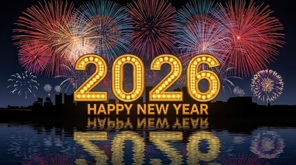 Golden year number with happy new year text and fireworks over a city reflected in water