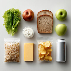 A flat lay of three groups of foods on a bright white background