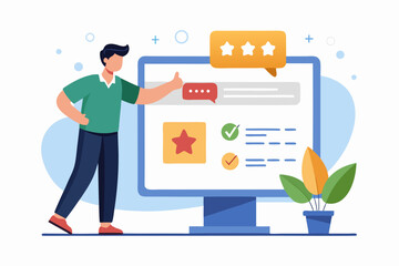 Vector flat illustration showing a man giving a star rating to an AI chatbot on a digital interface. Perfect for concepts related to customer feedback, online reviews, chatbot interaction, user satisf