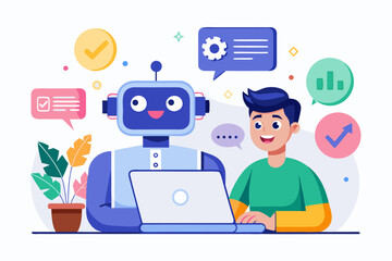 Vector flat illustration showing a man giving a star rating to an AI chatbot on a digital interface. Perfect for concepts related to customer feedback, online reviews, chatbot interaction, user satisf