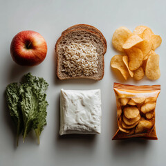 A flat lay of three groups of foods on a bright white background