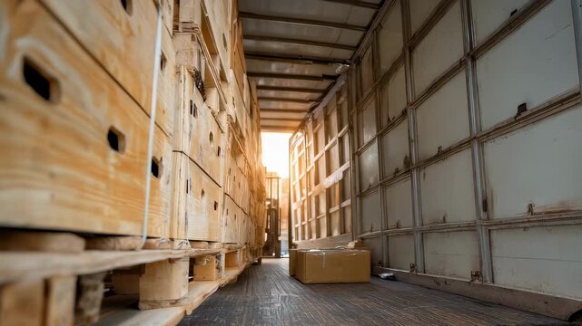 Hand truck operator stacking packed crates into the truck with precision maintaining an organized and secure loading pattern for safety.