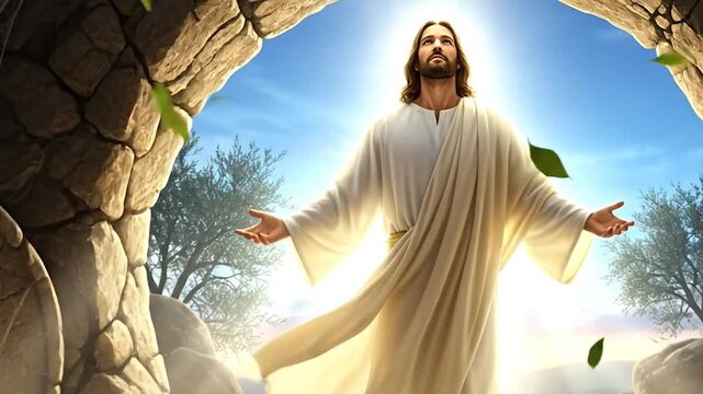 Jesus christ resurrected from the tomb with roman soldiers lying on ground