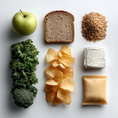 A flat lay of three groups of foods on a bright white background
