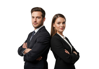 Confident businessman and businesswoman standing back to back arms crossed isolated on transparent background