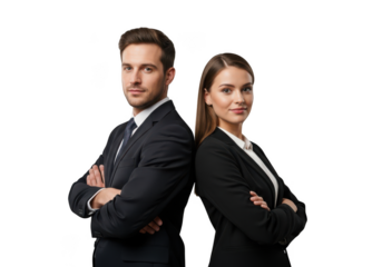 Confident businessman and businesswoman standing back to back arms crossed isolated on transparent background