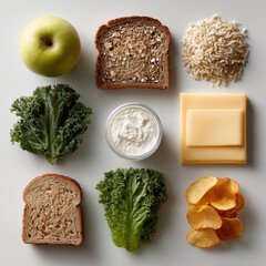 A flat lay of three groups of foods on a bright white background