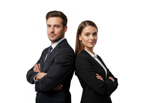 Confident businessman and businesswoman standing back to back arms crossed isolated on transparent background