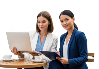Two professional women collaborating on a laptop and tablet at a cafe isolated on transparent background