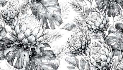 Monochrome botanical pattern featuring protea flowers and tropical leaves