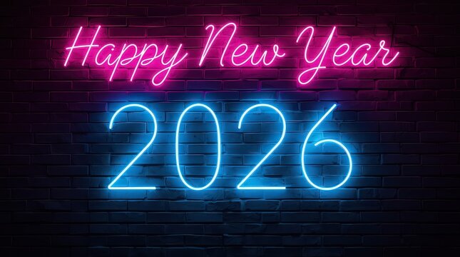 Happy new year illuminated in pink neon above the year two thousand twenty six in blue neon lights - Powered by Adobe