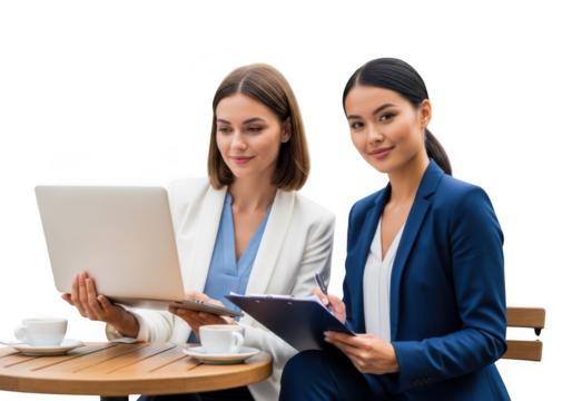 Two professional women collaborating on a laptop and tablet at a cafe isolated on transparent background - Powered by Adobe