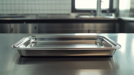 41.A well-lit, high-quality image of a stainless steel food tray with a lid, showing its polished surface and practical design for ready-made food transportation. The container is clean and sleek,