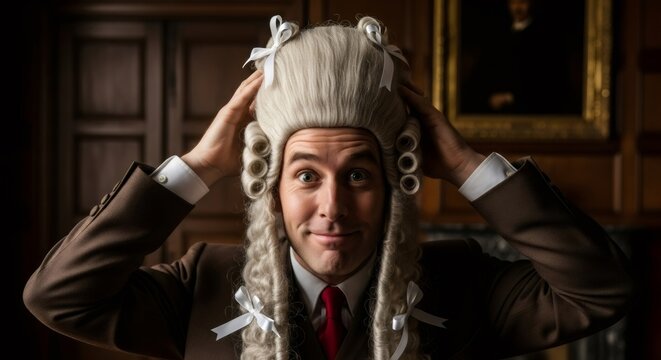 Man in formal suit wearing a curly powdered wig. Antique costume and court apparel for historical reenactment.