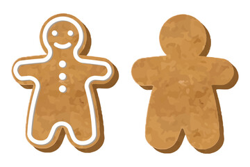 Vector illustration of gingerbread man cookie. Christmas biscuit front and back view with icing decoration on white background.