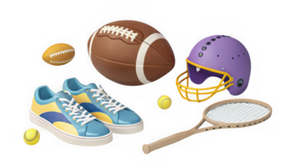 Collection of sports equipment including football, helmet, shoes, and tennis racket isolated on transparent background