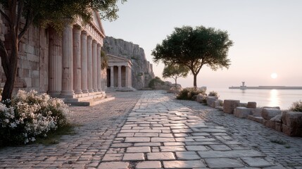 Ancient Greek Temple Ruins with White Flowers and Sunlight Reflecting on the Ocean in Distance
