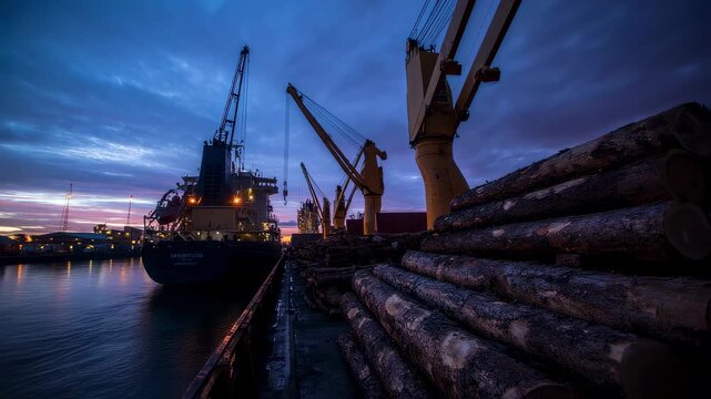 A twilight scene featuring silhouettes of timber logs being loaded onto the ship with vibrant hues of orange and purple in the sky reflecting off the water emphasizing the contrast