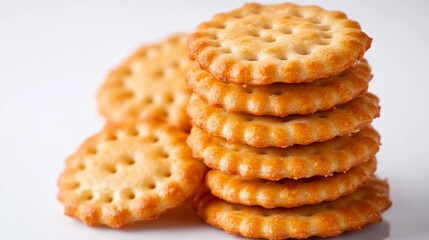 98.A close-up shot of a pile of round cheesy crackers stacked neatly on a clean white background. Each cracker is golden brown with a light, crispy texture, and the cheese filling adds a rich, smooth